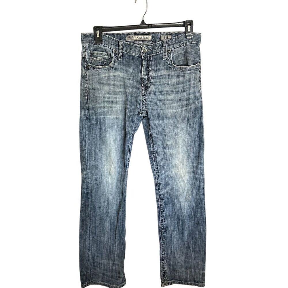 BKE Carter Denim Men's Straight Jeans Blue Size 34‎ x 31 Medium Wash Stretch